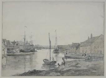Pakhuizen en scheepvaart op de Orwell bij Ipswich