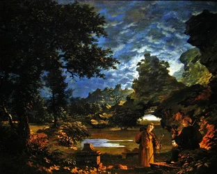 Monniken met een lantaarn in een rotsachtig maanverlicht landschap