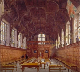 Interieur van Middle Temple Hall vanaf de hoge tafel met figuren, Londen