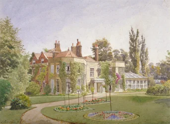 De voordeur en tuin van Raleigh House, Brixton Hill, Lambeth, Londen