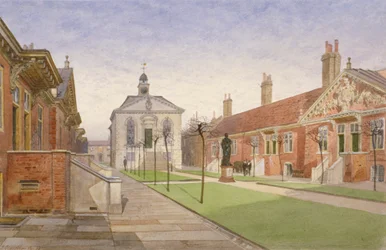 Trinity Almshouses en Trinity Chapel, Mile End Road, Stepney, Londen, 1883