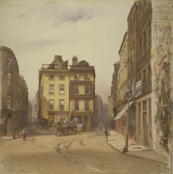 Uitzicht op Wych Street en Holywell Street, Westminster met de Rising Sun Tavern, 1881