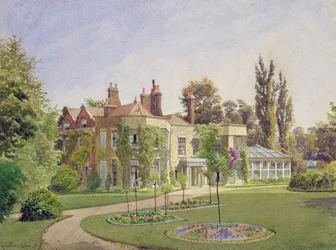 Uitzicht op de Voorkant en Tuin van Raleigh House, Brixton Hill, Lambeth, 1887