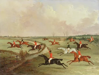 De Quorn-jacht in volle vaart: reservepaarden, naar een schilderij van Henry Alken (1785-1851)