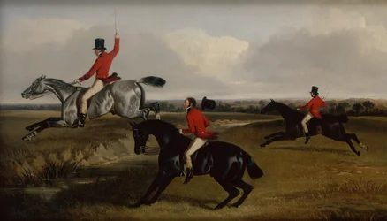 Drie Jagers die een Beek Oversteken