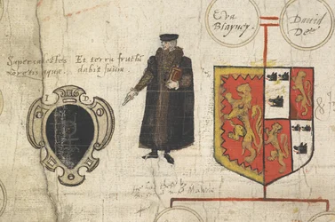 Een detail van Genealogische rol van de afstamming van John Dee... die zijn verwantschap met de Soevereinen van het Huis van Tudor toont
