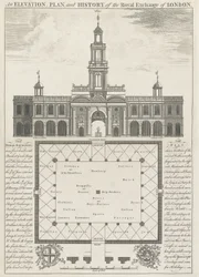Een Elevatie, Plan en Geschiedenis van de Royal Exchange van Londen