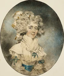Portret van mevrouw Fisher, halve lengte, in een witte jurk versierd met blauwe linten, 1788
