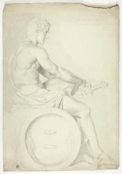 Na antiek beeldhouwwerk van zittende figuur met zwaard