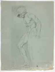 Antiek standbeeld van staande faun met cimbalen