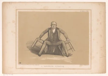 Spotprent met Robert Peel die tussen twee stoelen valt