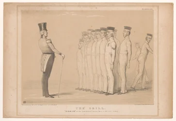 Spotprent met premier Peel als militaire instructeur
