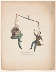 Weegschaal met de schrijvers Walter Scott en Thomas Moore, The balance of public favor (titel op object)