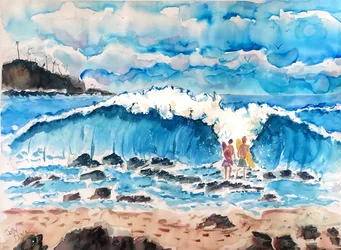 Surfers op Big Wave Beach