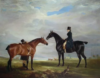 Frank Hall Standish op zijn zwarte jachtpaard met een stalknecht en een tweede paard