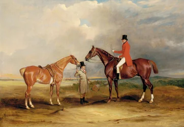 Portret van John Drummond op een jager met een stalknecht die zijn tweede paard vasthoudt, in een landschap, een jachtpartij op de achtergrond