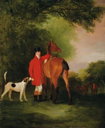 Portret van Lord Lismore in een jachtjas met zijn bay hunter en een hond, in een landschap, een jachtpartij op de achtergrond