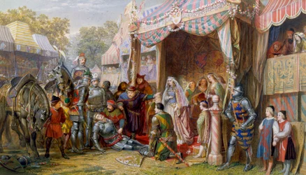 Lancelot vecht tegen Sir Mador om de eer van Guinevere te verdedigen voor koning Arthur, Guinevere en het hof van de koning