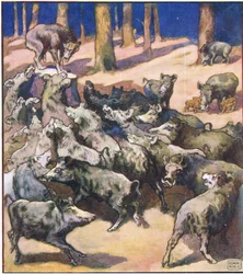 In het midden van de stronk stond een grote grijze wolf