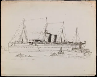 PAH1225; Stoomschip nabij een kust met sleepboot ernaast. Passagiersschip met sleepboot en raderstoomboot Tilbury in de buurt