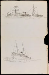 Schetsen van een slagschip en twee andere Royal Navy schepen