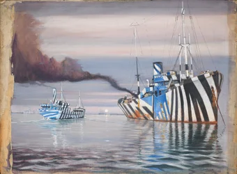 S.S. Lepanto en een ander stoomschip, beide in camouflage, voor anker in kalm water