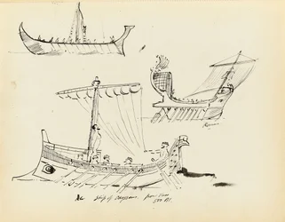 Schetsen van vroege schepen, waaronder een Romeins zeil- en roeivaartuig en schip van Odysseus, 500 v.Chr.