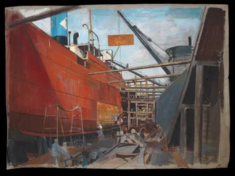 Stoomschip in droogdok met werklieden die de romp schilderen