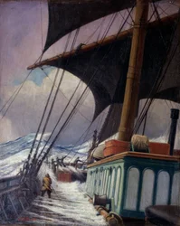 De manoeuvres van zeilen tijdens de storm, tijdens een reis van Bristol naar Sabine Pass, Texas (Verenigde Staten), tussen april en juni 1920