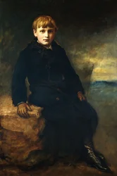 Portret van Cecil Webb, zittend ten voeten uit, in een zwarte jas met bontkraag, 1887