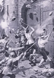 De plundering van Dundee 1 september 1651: Engelse zeelieden vallen de Wellgate Port aan, illustratie uit 