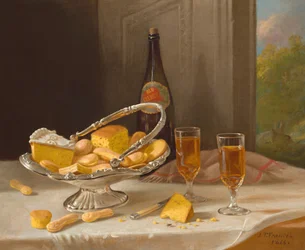Stilleven met zilveren taartmand, 1866
