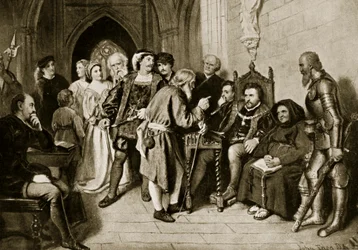 James IV in raad voor de Slag bij Flodden, 1513, illustratie uit 