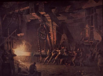 West Point Kanonnenfabriek, het smeden van de as, ca. 1867