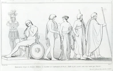 Agamemnon gaf de herauten Taltibius en Euribat de opdracht Briseis te ontvoeren; Achilles liet het door Patrocles aan hen overhandigen. Tekening door John Flaxman. Homeros