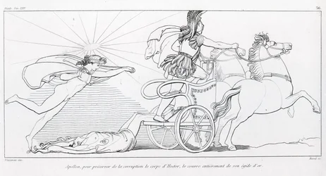 Apollo, god van de zon, bedekt het lichaam van Hector volledig met zijn gouden aegis om het te beschermen. Zang XXIV. Tekening door John Flaxman (1755 - 1826). Homer
