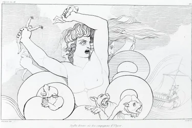 Episode van Charybde en Scylla: zes metgezellen van Odysseus worden verslonden. Tekening door John Flaxman (1755 - 1826). Homeros
