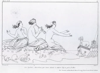 Zeemeerminnen proberen met hun gezang Odysseus aan te trekken. Tekening door John Flaxman (1755 - 1826). Homeros