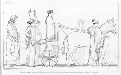 Nausicaa, die net Ulysses heeft ontmoet, brengt hem terug naar het paleis van haar vader, Koning Alkinoos. Tekening door John Flaxman (1755 - 1826). Homer