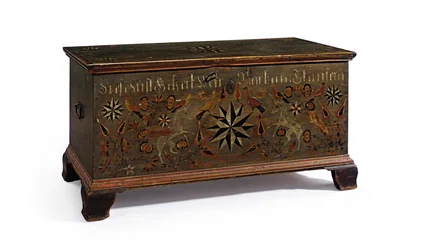 Versierde dekenkist gemaakt voor Barbara Stauffer, Rapho Township, Lancaster County, Pennsylvania, VS, 1799