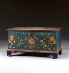 Versierde lift-top kist gemaakt voor Jacob Ober, Rapho Township, Lancaster County, Pennsylvania, VS, 1794