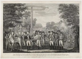 De Britten geven hun wapens over aan generaal Washington na hun nederlaag bij York Town in Virginia oktober 1781