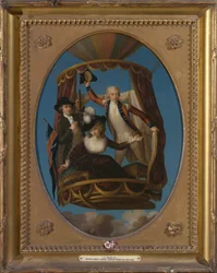 Kapitein Vincenzo Lunardi met zijn assistent George Biggin, en mevrouw Letitia Anne Sage, in een ballon