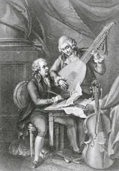 Portret van Franz Joseph Haydn en Wolfgang Amadeus Mozart die muziek componeren voor de luit, gegraveerd door Michele Benedetti