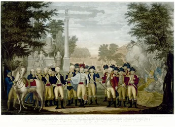 De Britten geven hun wapens over aan generaal Washington na hun nederlaag bij York Town in Virginia, oktober 1781