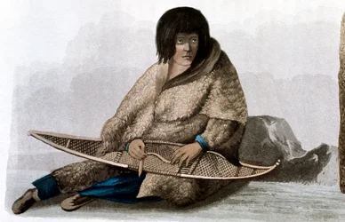 Koperen Indiaans meisje repareert sneeuwschoen, 1823