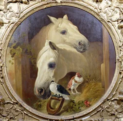 Paarden bij een staldeur