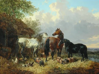Drie paarden met varkens