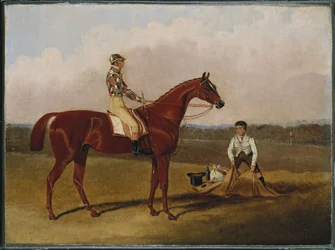 Barefoot, het renpaard, met een jockey en een stalknecht, 1835