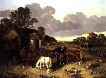 Paarden, varkens, pluimvee, eenden en vee in een boerenerf